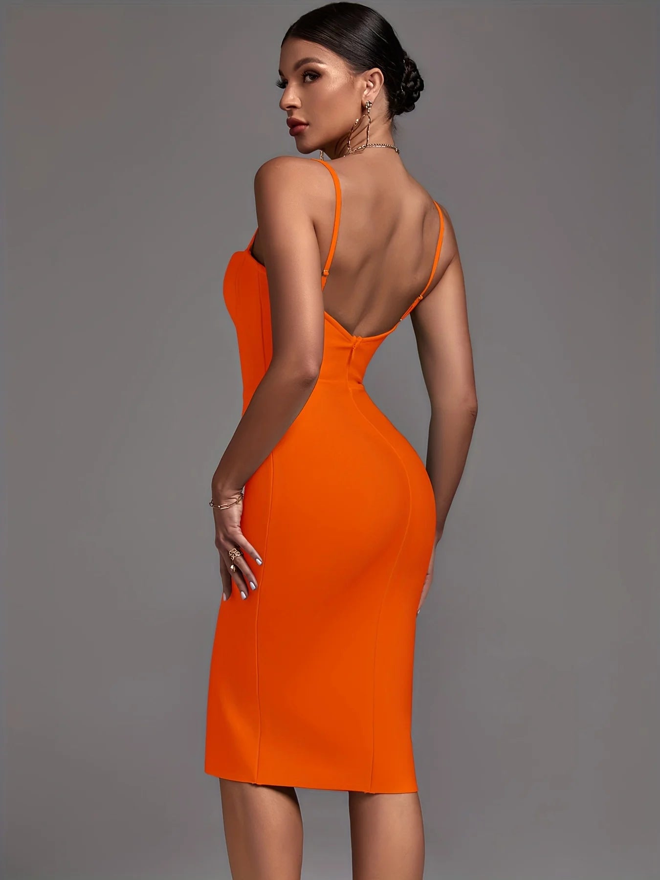 Sexy Orange Bandage Dress Bodycon Spaghetti Strap Party Club Outfits Candy Cane Lane