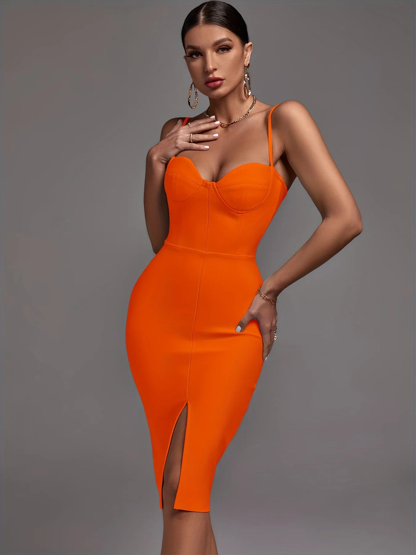 Sexy Orange Bandage Dress Bodycon Spaghetti Strap Party Club Outfits Candy Cane Lane