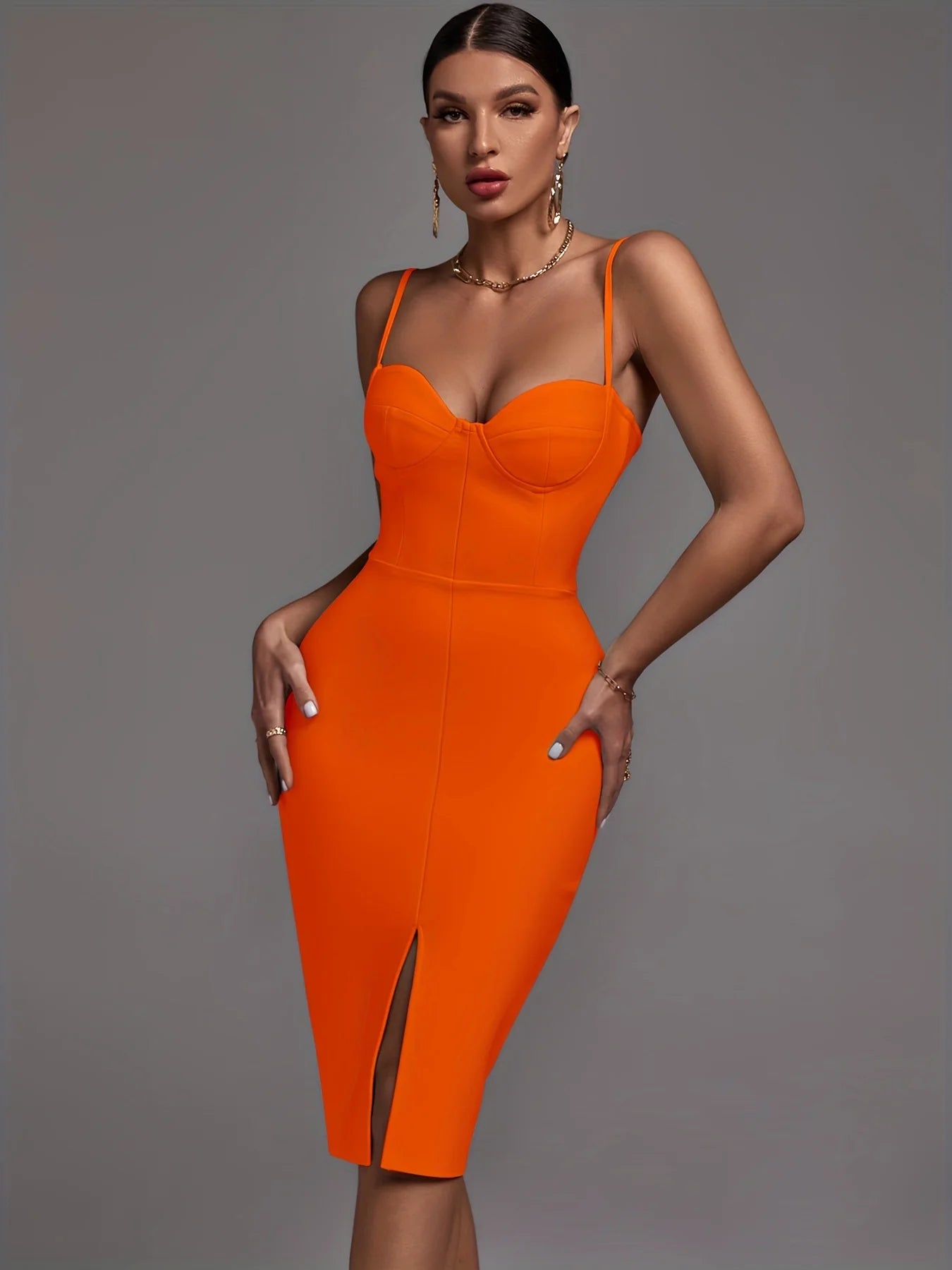 Sexy Orange Bandage Dress Bodycon Spaghetti Strap Party Club Outfits Candy Cane Lane