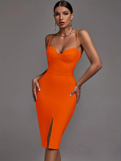 Sexy Orange Bandage Dress Bodycon Spaghetti Strap Party Club Outfits Candy Cane Lane